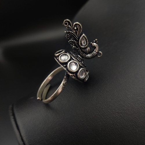 Oxidised Peacock Design Art Adjustable Ring For Girls - Image 6