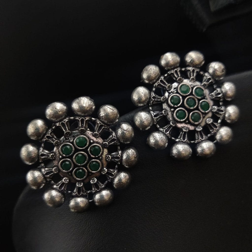 Designer Round Shape Oxidised Stone Work Stud Earrings For Girls