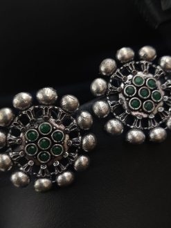 Designer Round Shape Oxidised Stone Work Stud Earrings For Girls