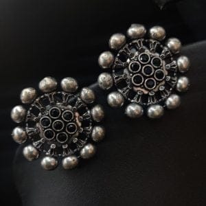 Designer Round Shape Oxidised Stone Work Stud Earrings For Girls - Color: Black"