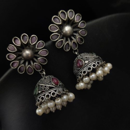 Antique Finish Flower Design Jhumka Oxidised Earrings - Image 4