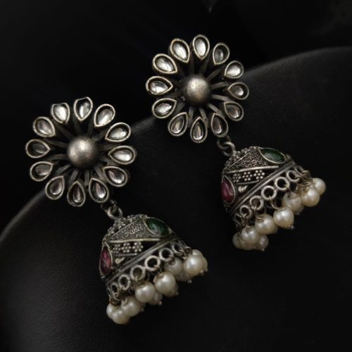 Antique Finish Flower Design Jhumka Oxidised Earrings - Image 5