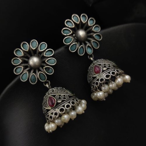 Antique Finish Flower Design Jhumka Oxidised Earrings
