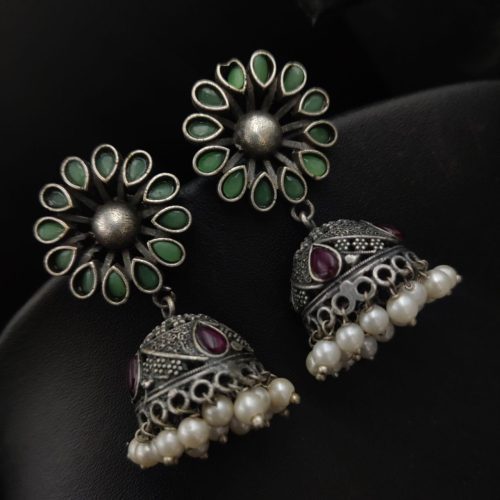 Antique Finish Flower Design Jhumka Oxidised Earrings - Image 2