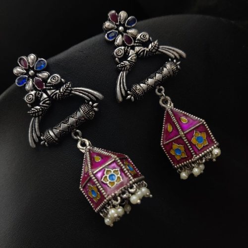 Meenakari Jhumka Oxidised Peacock Design Earrings For Girls - Image 3