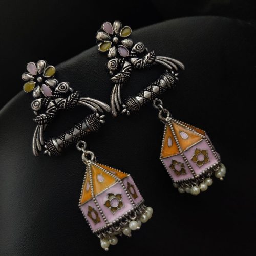 Meenakari Jhumka Oxidised Peacock Design Earrings For Girls - Image 4
