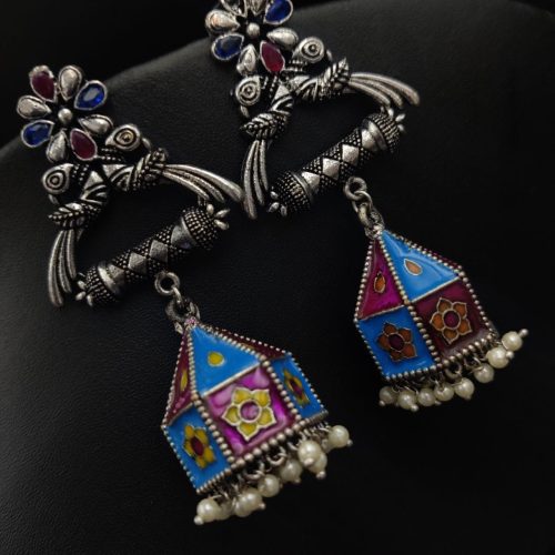Meenakari Jhumka Oxidised Peacock Design Earrings For Girls