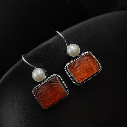 Stone Work Oxidised Silver Plated Hook Earrings