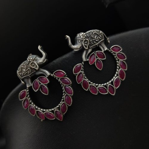 Elephant Design Oxidised Silver Look Like Replica Stud Earrings - Image 2