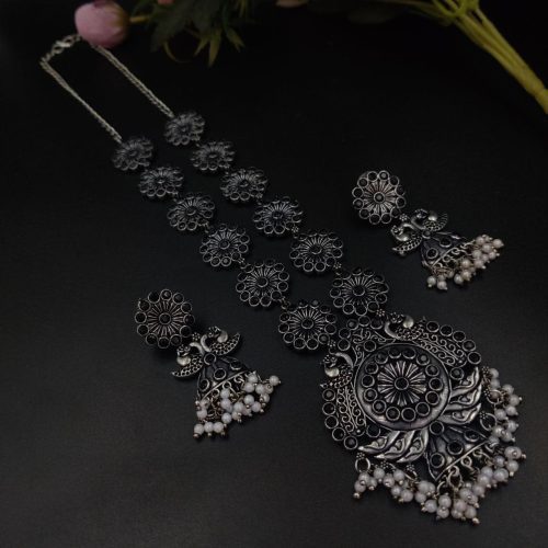 Silver Plated Oxidised Peacock Design Pendent with Matching Earrings - Image 9