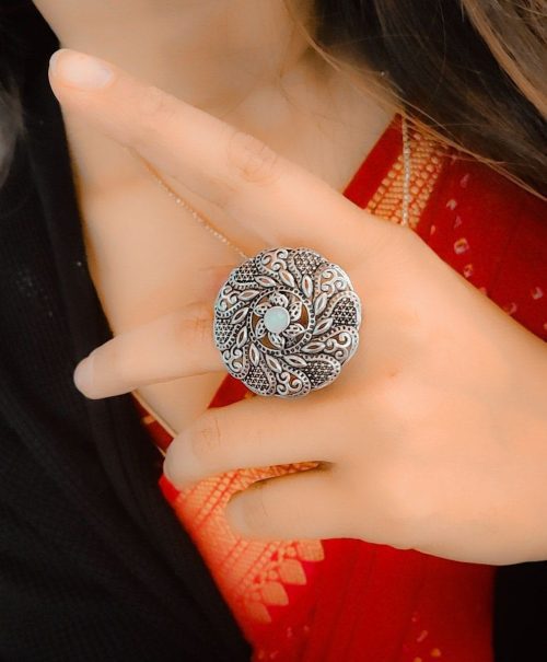 Oxidised Round Design Jaali Art Adjustable Ring For Girls - Image 3