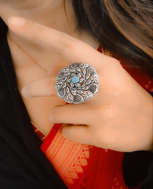 Oxidised Round Design Jaali Art Adjustable Ring For Girls