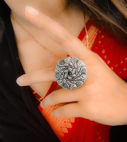 Oxidised Round Design Jaali Art Adjustable Ring For Girls - Image 4