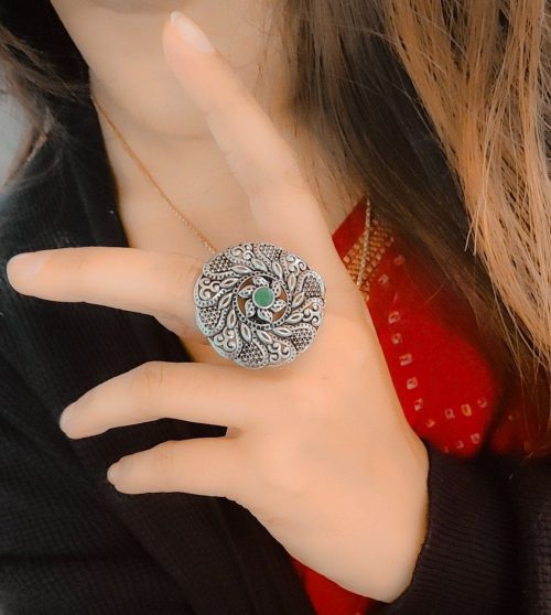 Oxidised Round Design Jaali Art Adjustable Ring For Girls - Image 5