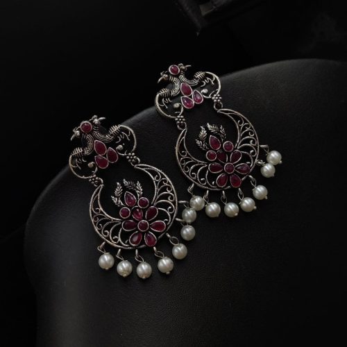 Peacock Design Oxidised Silver Plated Stud Earrings - Image 2