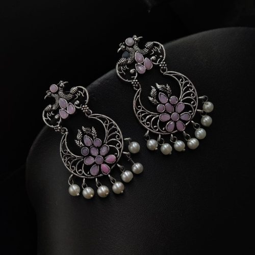 Peacock Design Oxidised Silver Plated Stud Earrings - Image 3