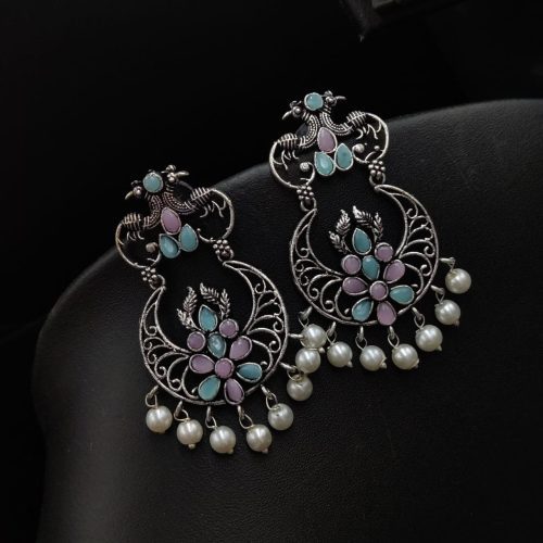 Peacock Design Oxidised Silver Plated Stud Earrings - Image 4