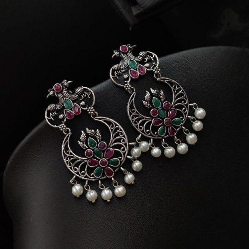Peacock Design Oxidised Silver Plated Stud Earrings - Image 5