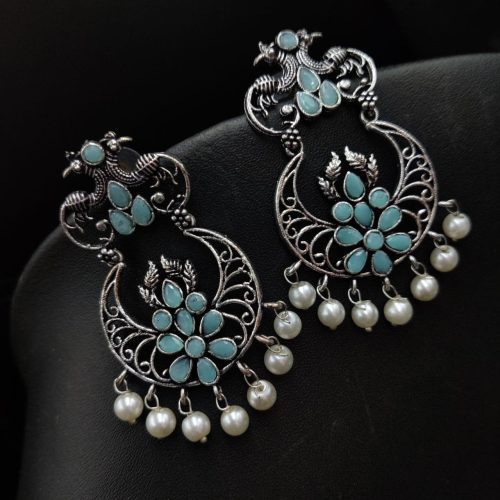 Peacock Design Oxidised Silver Plated Stud Earrings
