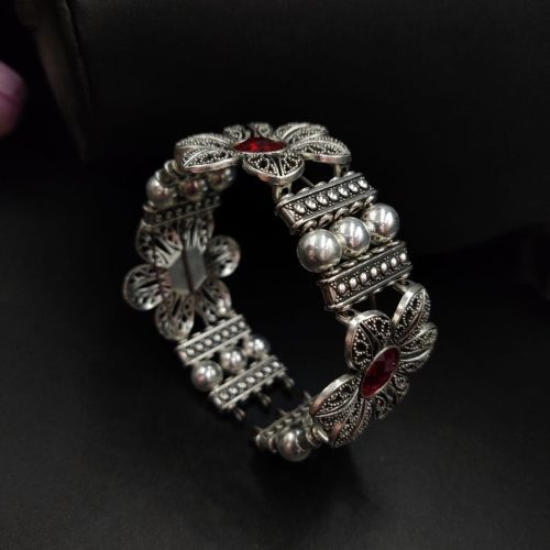 Flower Design Oxidised Indian Style Free Size Cuff Bracelet - Image 2