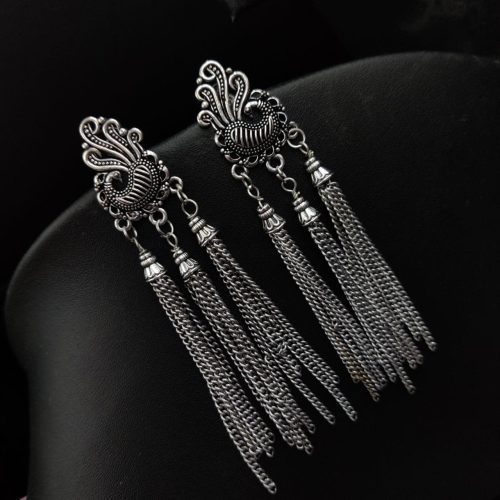 Long Dangler Oxidised Peacock Stud Earrings For Girls