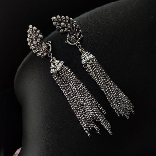 Long Dangler Oxidised Peacock Stud Earrings For Girls - Image 4