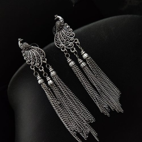 Long Dangler Oxidised Peacock Stud Earrings For Girls - Image 3