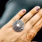 Oxidised Round Design Adjustable Ring For Girls - "White"