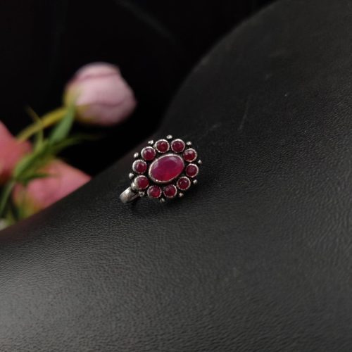 Oxidised Oval Shape Stone Press Nosepin For Girls - Image 3