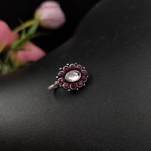 Oxidised Oval Shape Stone Press Nosepin For Girls