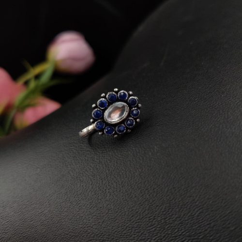 Oxidised Oval Shape Stone Press Nosepin For Girls - Image 7