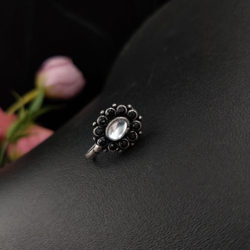Oxidised Oval Shape Stone Press Nosepin For Girls - Image 2