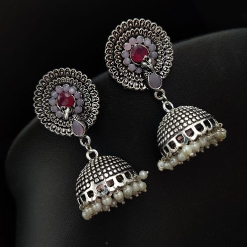 Jhumka Earrings in Oxidised Silver Plated With Peacock Stud