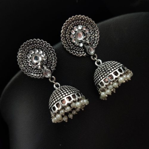 Jhumka Earrings in Oxidised Silver Plated With Peacock Stud - Image 4