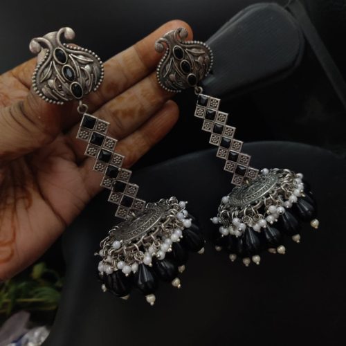 Oxidised Silver Look Like Replica Dangler Jhumka Earrings With Colorful Beads - Image 9