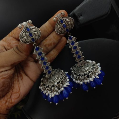 Oxidised Silver Look Like Replica Dangler Jhumka Earrings With Colorful Beads - Image 8