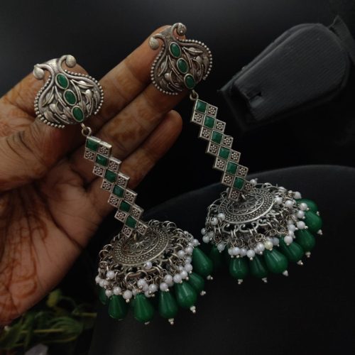 Oxidised Silver Look Like Replica Dangler Jhumka Earrings With Colorful Beads - Image 7