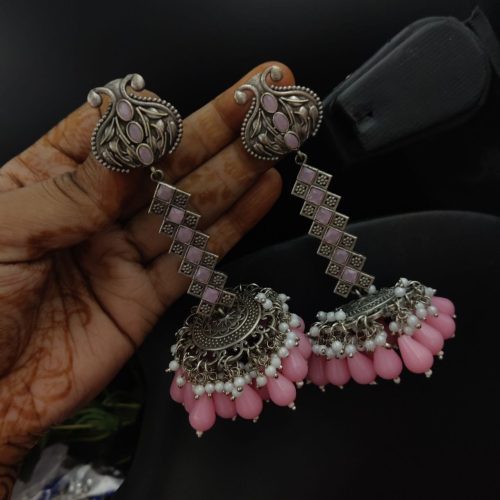 Oxidised Silver Look Like Replica Dangler Jhumka Earrings With Colorful Beads - Image 6