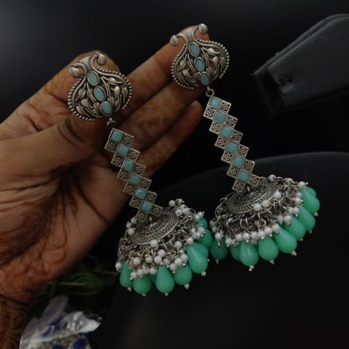 Oxidised Silver Look Like Replica Dangler Jhumka Earrings With Colorful Beads - Image 5