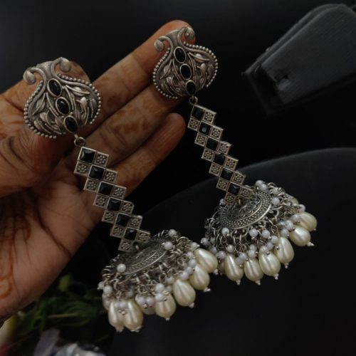 Oxidised Silver Look Like Replica Dangler Jhumka Earrings With Colorful Beads - Image 4