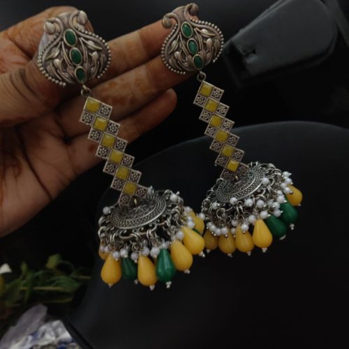 Oxidised Silver Look Like Replica Dangler Jhumka Earrings With Colorful Beads