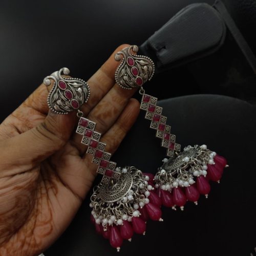 Oxidised Silver Look Like Replica Dangler Jhumka Earrings With Colorful Beads - Image 3