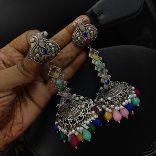 Oxidised Silver Look Like Replica Dangler Jhumka Earrings With Colorful Beads - Image 2