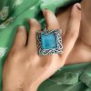 Silver Replica Rings | Oxidised Monalisa Stone Adjustable Ring