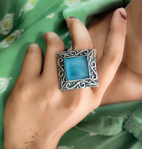 Silver Replica Rings | Oxidised Monalisa Stone Adjustable Ring