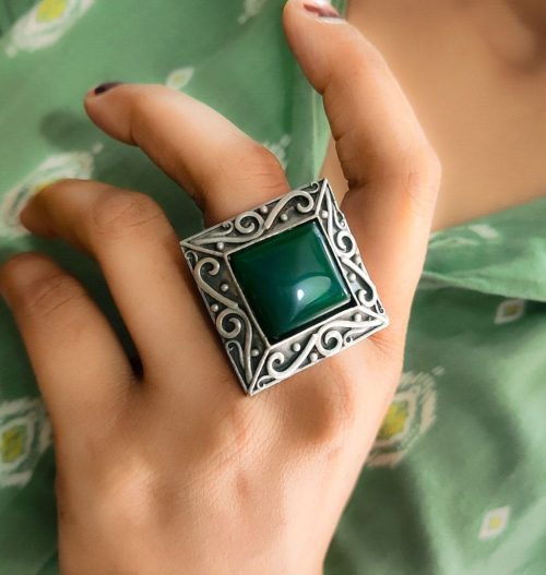 Silver Replica Rings | Oxidised Monalisa Stone Adjustable Ring