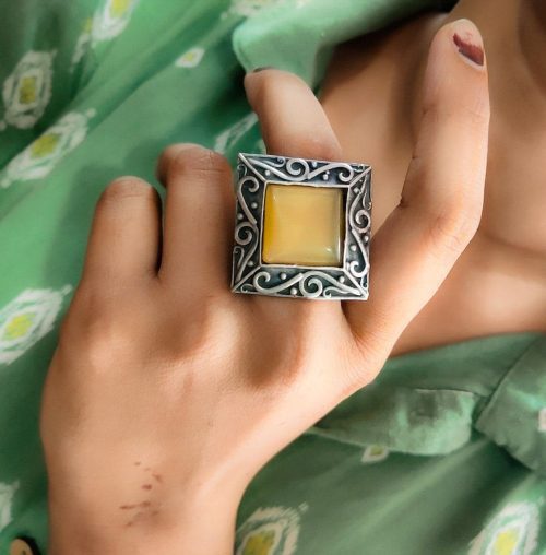 Silver Replica Rings | Oxidised Monalisa Stone Adjustable Ring