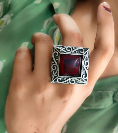 Silver Replica Rings | Oxidised Monalisa Stone Adjustable Ring