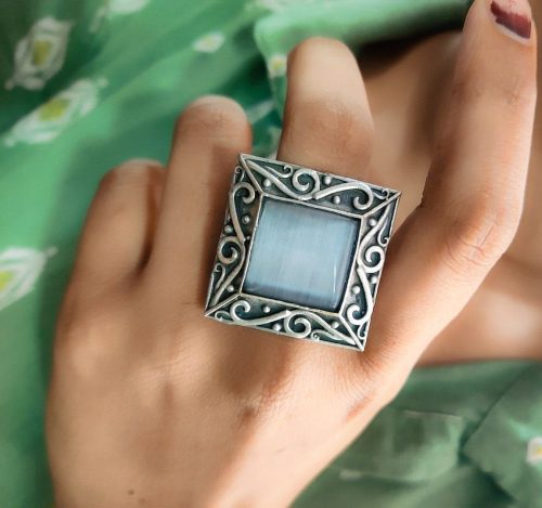 Silver Replica Rings | Oxidised Monalisa Stone Adjustable Ring