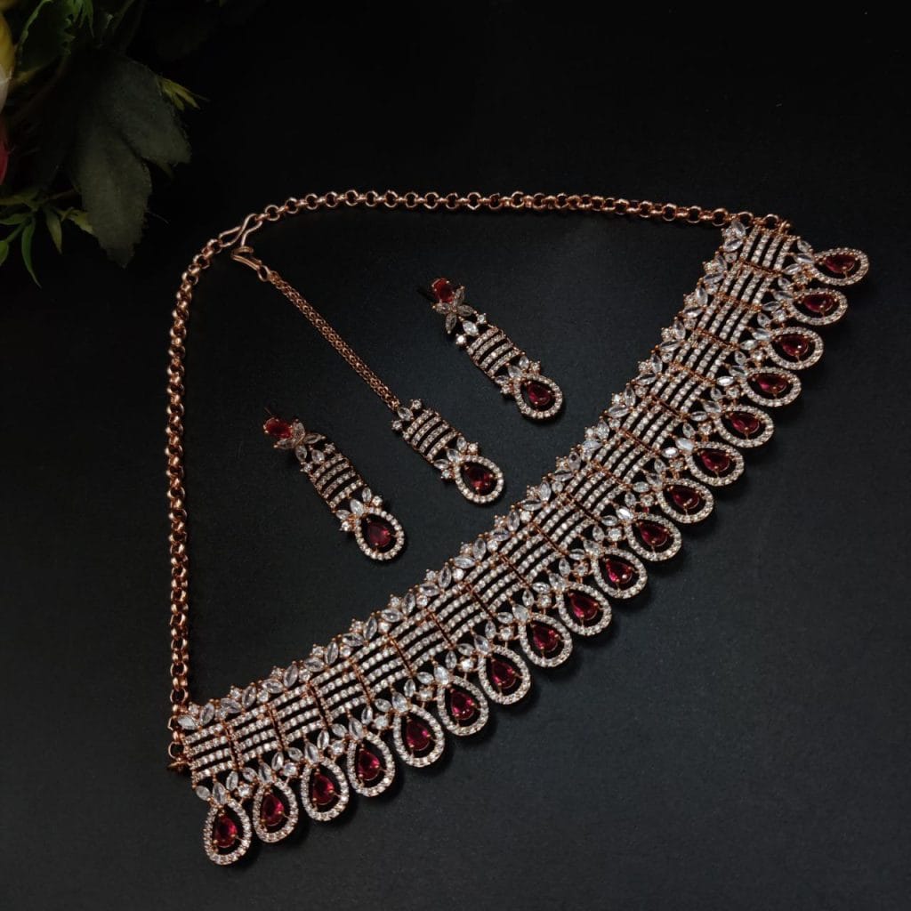 Rose Gold Plated American Diamond Necklace set with Maangtika Perfect Wedding jewellery